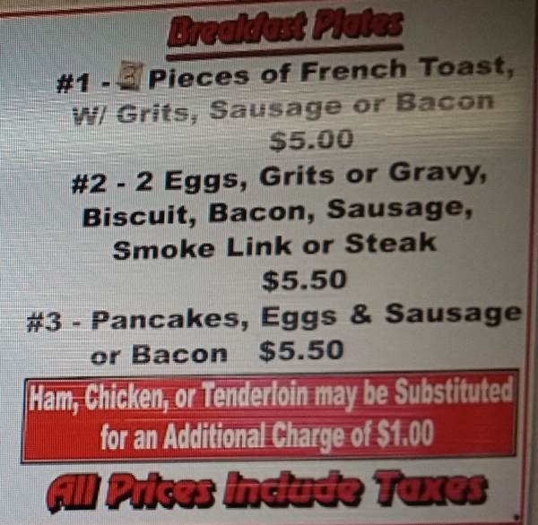 Page 2 of menu, Angie's Place in Hull, GA