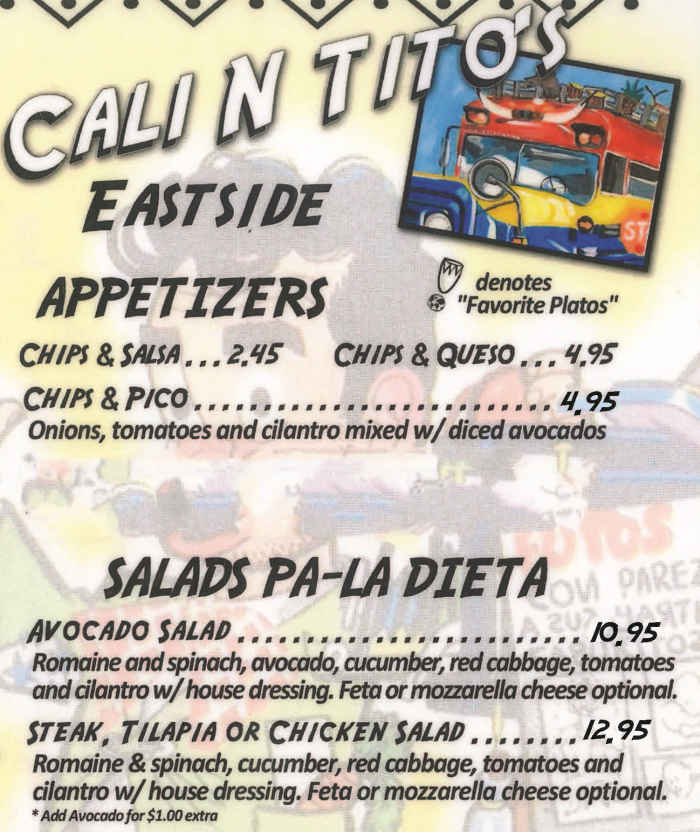 Page 1 of menu, Cali N Tito's Athens, GA