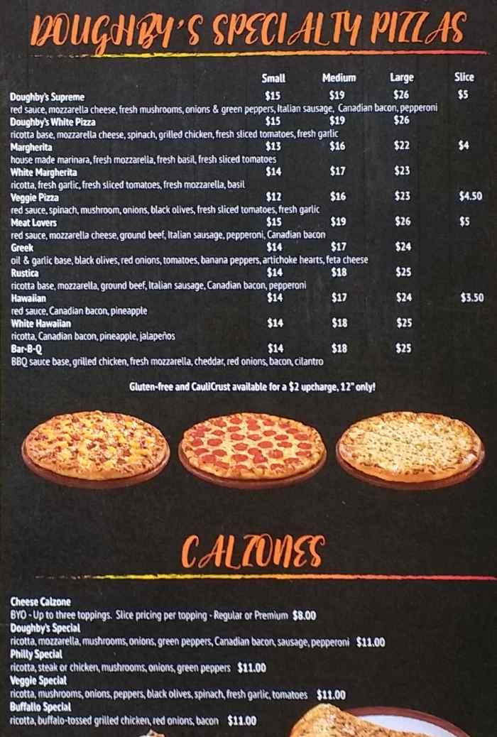 Page 2 of menu, Doughby's Pizza & More Watkinsville, GA