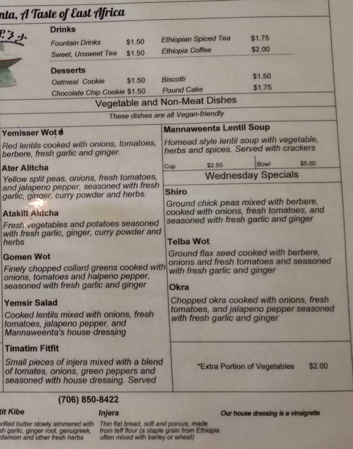 Page 2 of menu, Mannaweenta in Athens, GA