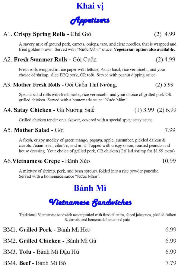 Page 1 of menu, Mother Pho Athens, GA