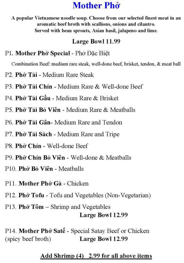Page 2 of menu, Mother Pho Athens, GA