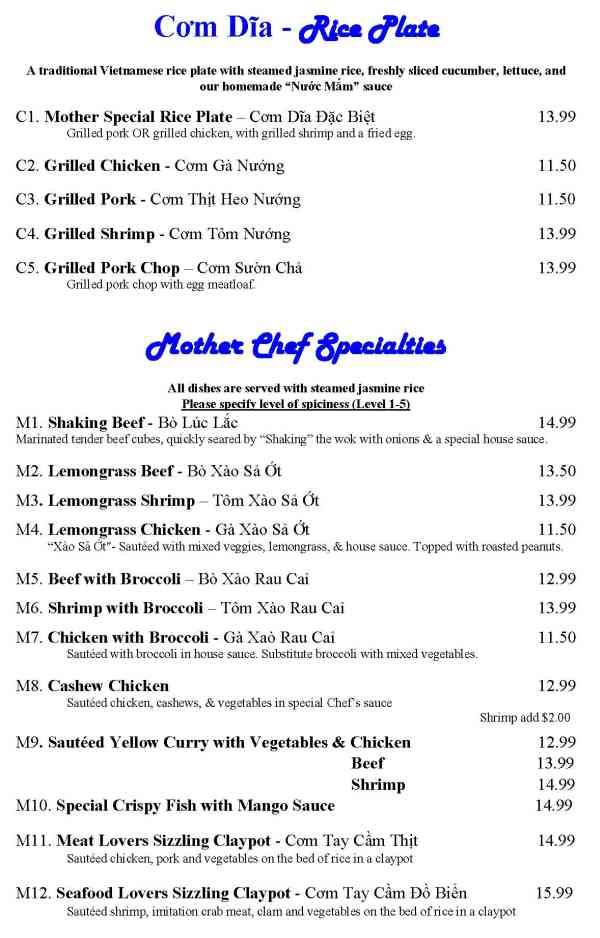 Page 4 of menu, Mother Pho Athens, GA
