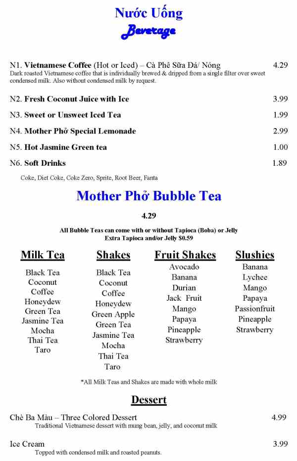 Page 6 of menu, Mother Pho Athens, GA