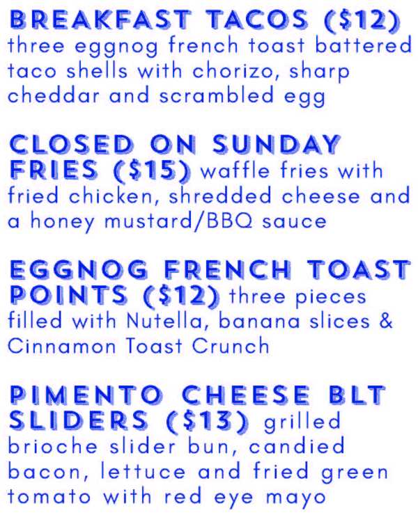 Page 1 of Brunch menu, Paloma Park Athens, GA
