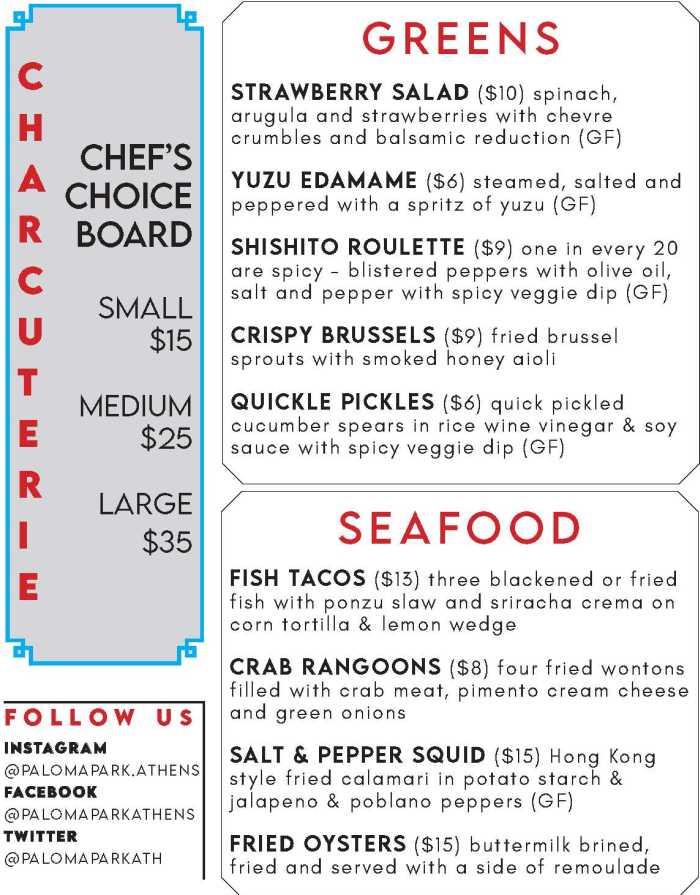 Page 1 of menu, Paloma Park Athens, GA