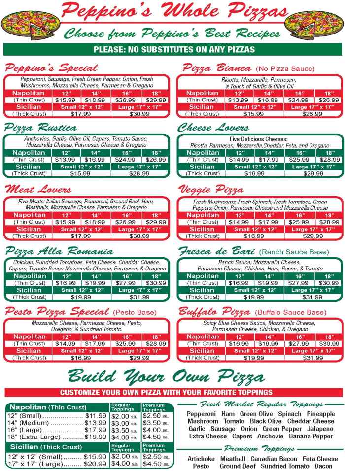 Page 1 of menu, Peppino's Pizzeria Athens, GA