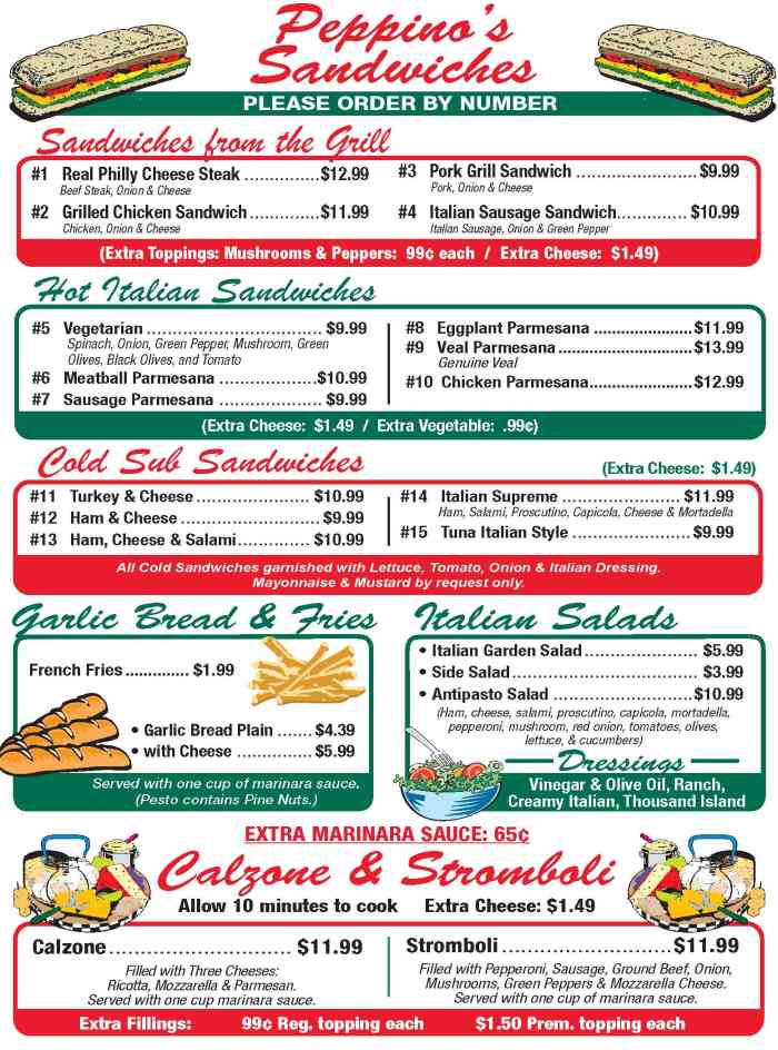 Page 2 of menu, Peppino's Pizzeria Athens, GA