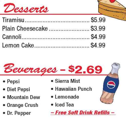 Page 4 of menu, Peppino's Pizzeria Athens, GA
