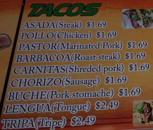 Page 1 of menu, Taqueria Juaritos in Athens, GA