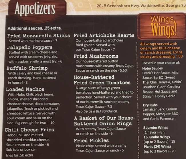Page 1 of menu, The Traveling Hobo Cafe Watkinsville, GA