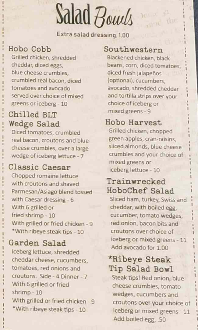 Page 2 of menu, The Traveling Hobo Cafe Watkinsville, GA