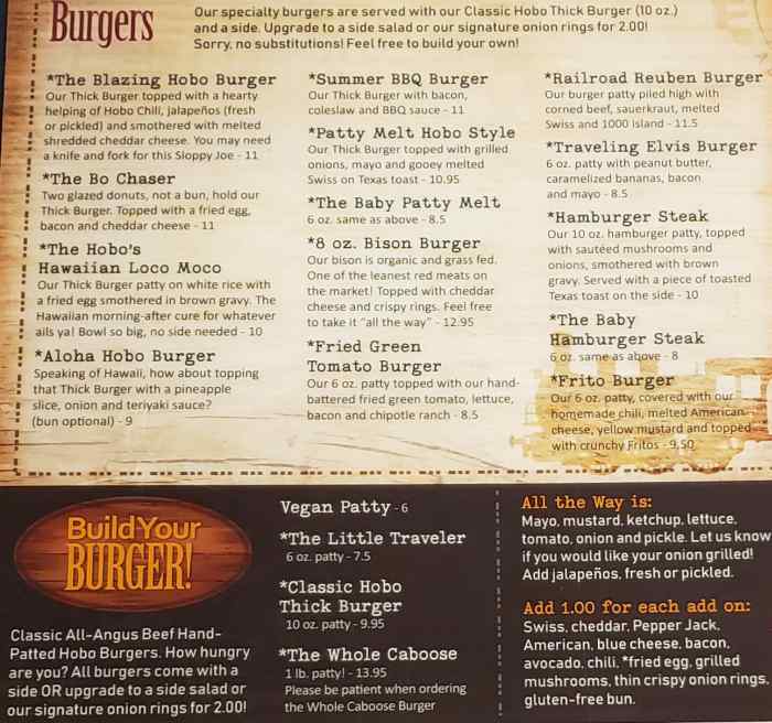Page 4 of menu, The Traveling Hobo Cafe Watkinsville, GA