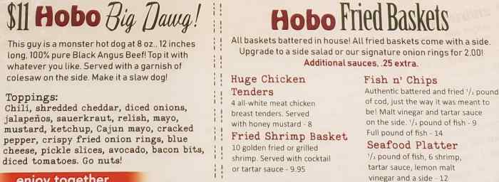 Page 5 of menu, The Traveling Hobo Cafe Watkinsville, GA